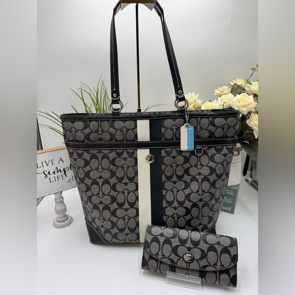 Coach Handbags - COACH Heritage Stripe Signature Tote & Matching Wallet Bundle - Black/Grey